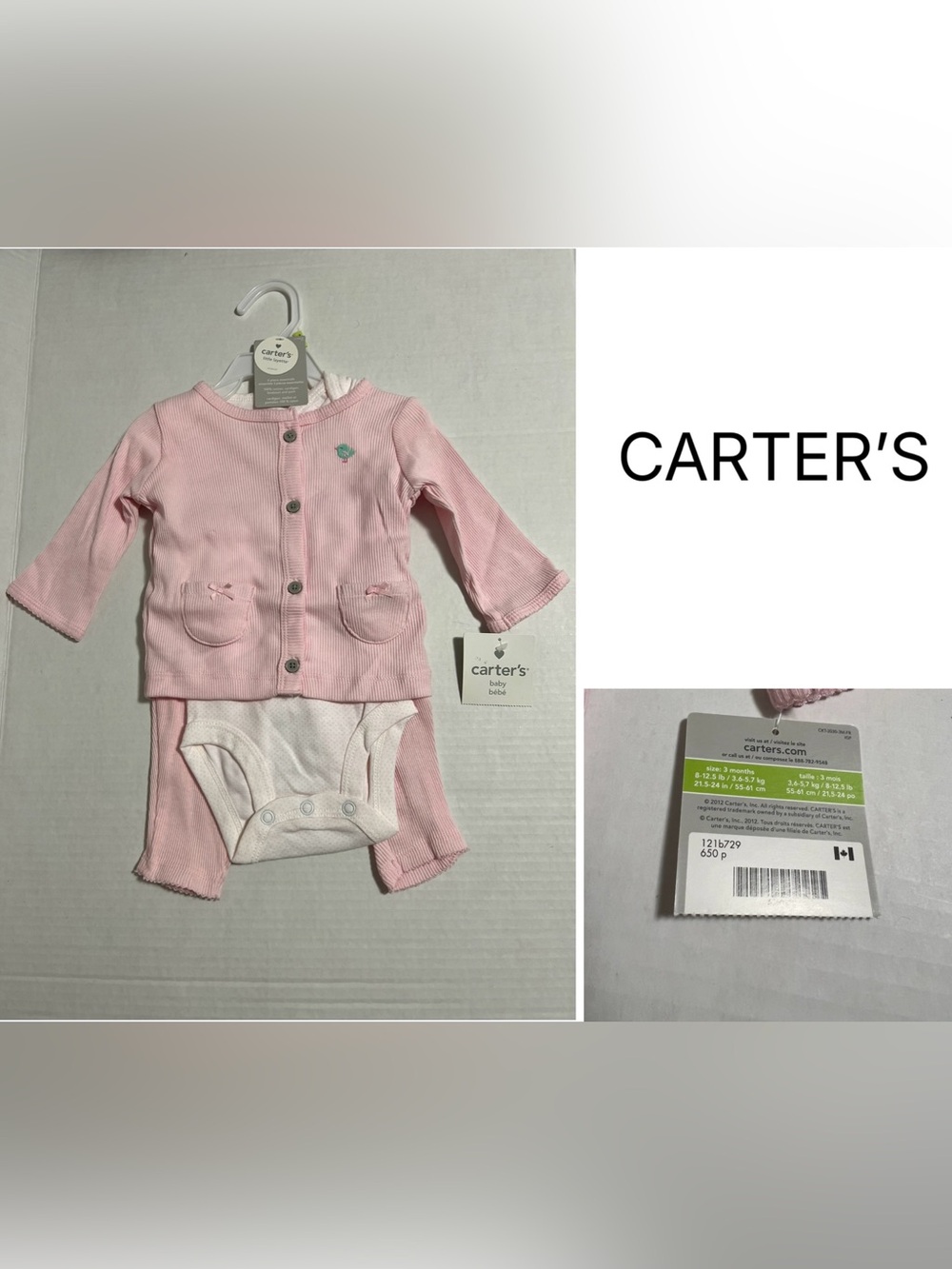 CARTER’S - 3M - NWT - 3PC - INFANT GIRLS PINK BIRD CARDIGAN SET